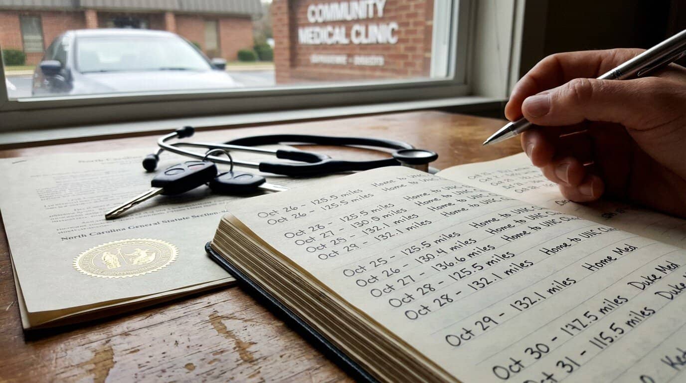 Hand writes in a travel log on a wooden desk next to car keys, a stethoscope, and a gold-sealed North Carolina document.